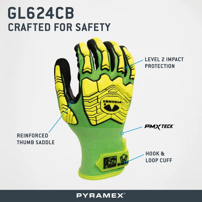 18g Hi‑Vis HPPE Blended Liner, Sandy Nitrile Dipped Palms & Fingers, Impact Protection, Reinforced, Thumb Saddle, Touchscreen Compatibility, ANSI/ISEA 105 Cut Level A6