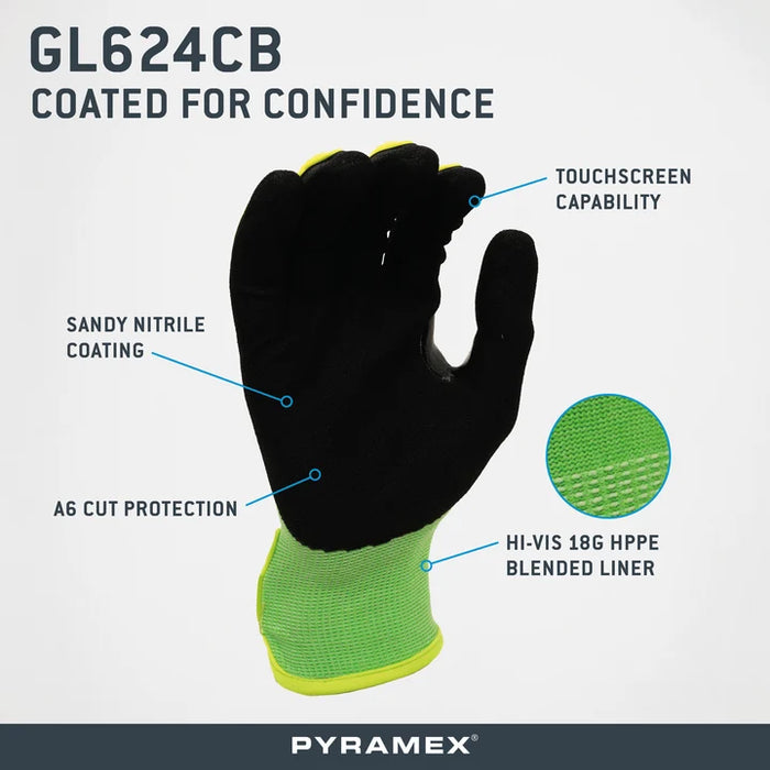 18g Hi‑Vis HPPE Blended Liner, Sandy Nitrile Dipped Palms & Fingers, Impact Protection, Reinforced, Thumb Saddle, Touchscreen Compatibility, ANSI/ISEA 105 Cut Level A6