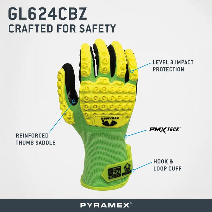 18g Hi‑Vis HPPE Blended Liner, Sandy Nitrile Dipped Palms & Fingers, Impact Protection, Reinforced Thumb Saddle, Touchscreen Compatibility, ANSI/ISEA 105 Cut Level A6