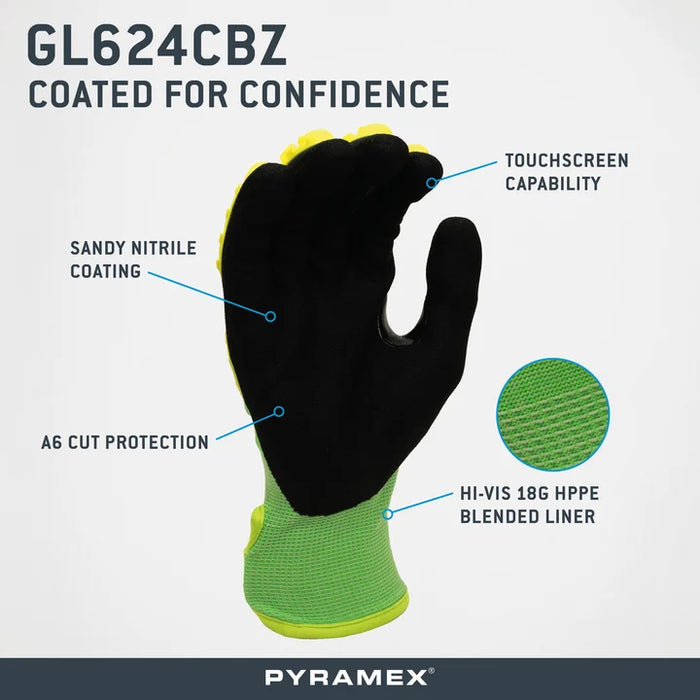 18g Hi‑Vis HPPE Blended Liner, Sandy Nitrile Dipped Palms & Fingers, Impact Protection, Reinforced Thumb Saddle, Touchscreen Compatibility, ANSI/ISEA 105 Cut Level A6