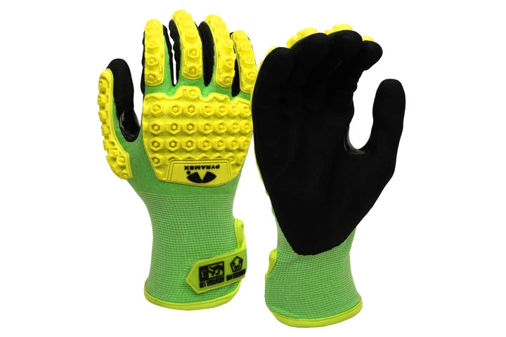 18g Hi‑Vis HPPE Blended Liner, Sandy Nitrile Dipped Palms & Fingers, Impact Protection, Reinforced Thumb Saddle, Touchscreen Compatibility, ANSI/ISEA 105 Cut Level A6