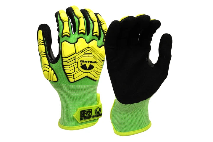 18g Hi‑Vis HPPE Blended Liner, Sandy Nitrile Dipped Palms & Fingers, Impact Protection, Reinforced, Thumb Saddle, Touchscreen Compatibility, ANSI/ISEA 105 Cut Level A6