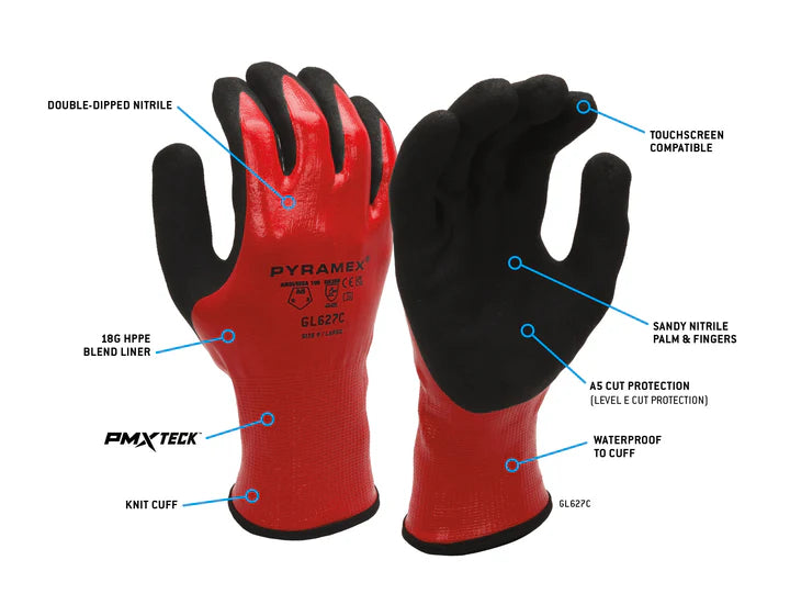 18g HPPE Blended Liner, Double-Dipped Nitrile, Waterproof Cuff, Touchscreen Capability, ANSI/ISEA 105 Cut Level A5