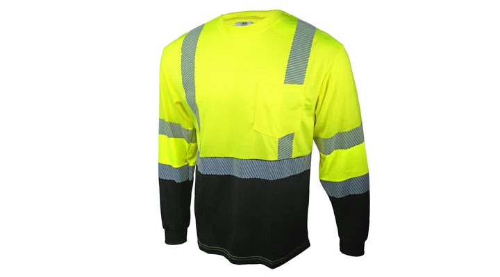 Class 3 Hi-Vis Lime Moisture-Wicking Long-Sleeve T-shirt, Black Bottom, Flexible Reflective Striping, UPF 50+ Sun Protection, Chest Pocket