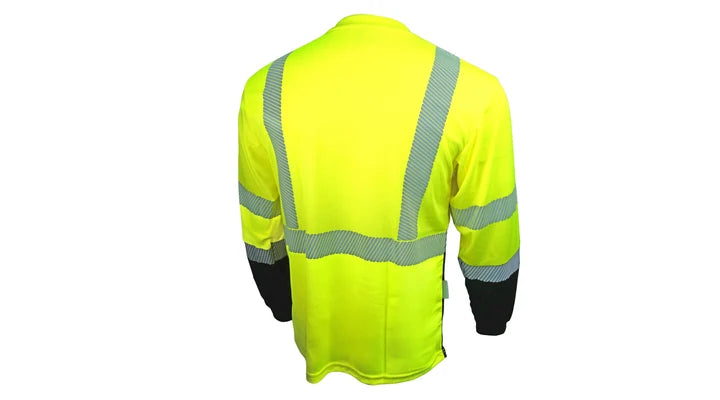Class 3 Hi-Vis Lime Moisture-Wicking Long-Sleeve T-shirt, Black Bottom, Flexible Reflective Striping, UPF 50+ Sun Protection, Chest Pocket