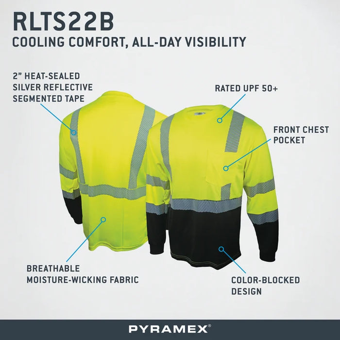 Class 3 Hi-Vis Lime Moisture-Wicking Long-Sleeve T-shirt, Black Bottom, Flexible Reflective Striping, UPF 50+ Sun Protection, Chest Pocket