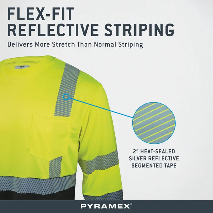 Class 3 Hi-Vis Lime Moisture-Wicking Long-Sleeve T-shirt, Black Bottom, Flexible Reflective Striping, UPF 50+ Sun Protection, Chest Pocket