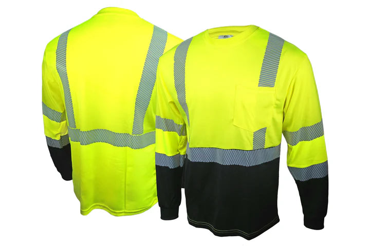 Class 3 Hi-Vis Lime Moisture-Wicking Long-Sleeve T-shirt, Black Bottom, Flexible Reflective Striping, UPF 50+ Sun Protection, Chest Pocket