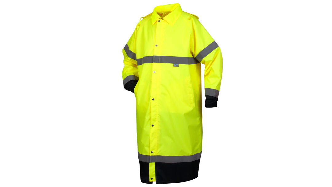 Class 3 Hi-Vis Lime Rain Coat, Breathable Polyester w/Polyurethane Coating, Sewn & Sealed Waterproof Seams, Vented Bottom