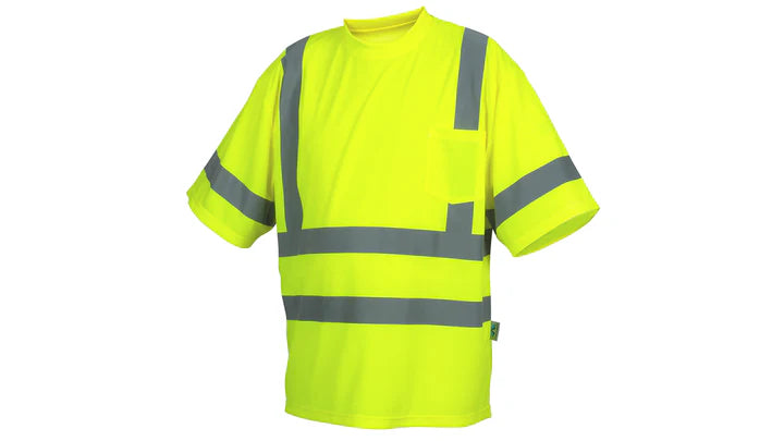 Class 3 Hi-Vis Lightweight Polyester Moisture Wicking T-Shirt, 2" Reflective Tape, Chest pocket, Rated UPF 30+