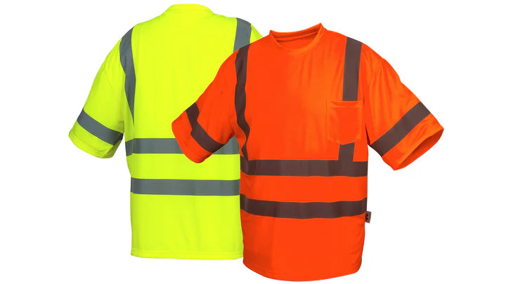 Class 3 Hi-Vis Lightweight Polyester Moisture Wicking T-Shirt, 2" Reflective Tape, Chest pocket, Rated UPF 30+