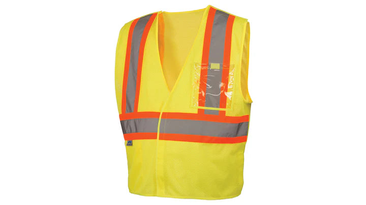 Class 2 Hi-Vis Vest, 2" Silver Reflective w/4" Contrasting Color Trim, Breakaway Hook & Loop Shoulders, Sides, & Front Closure