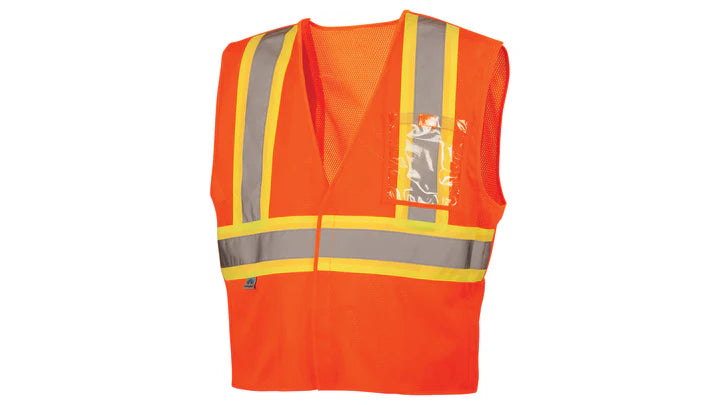 Class 2 Hi-Vis Vest, 2" Silver Reflective w/4" Contrasting Color Trim, Breakaway Hook & Loop Shoulders, Sides, & Front Closure