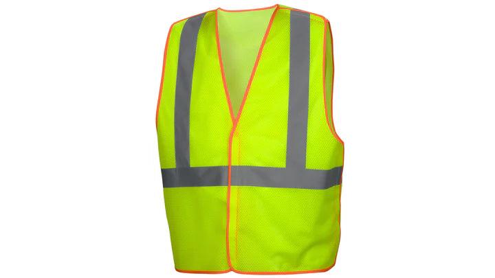 Class 2 Hi-Vis Lime Vest, 2" Silver Reflective w/Contrasting Color Trim, Breakaway Hook & Loop Shoulders, Sides, & Front Closure