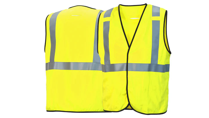 Class 2 Hi-Vis Lime Modacrylic Vest, 2" FR Silver Reflective, D-Ring Slot, 2 Inner Pockets, Hook & Loop Front Closure