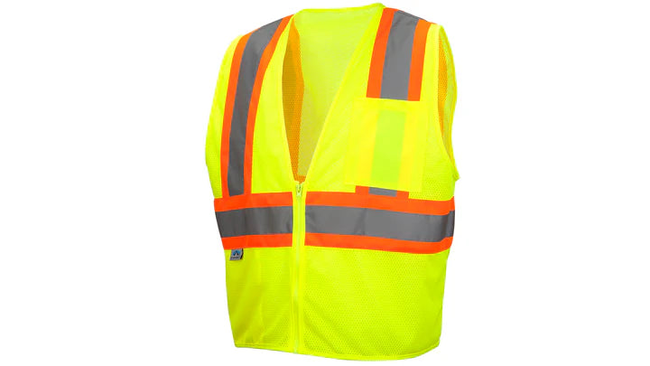 ANSI Class 2 Hi-Vis Safety Vest, 2" Silver Reflective w/Contrasting Color Trim, Self-Extinguishing Safety Vest