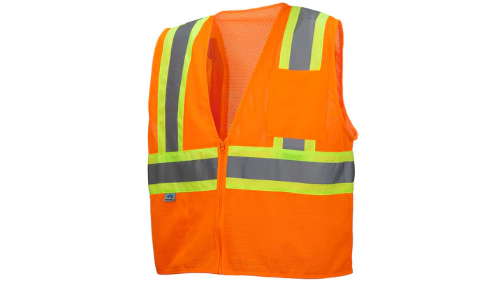 ANSI Class 2 Hi-Vis Safety Vest, 2" Silver Reflective w/Contrasting Color Trim, Self-Extinguishing Safety Vest