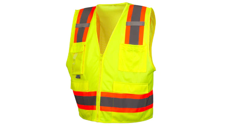 Class 2 Hi-Vis Polyester Front & Mesh Back Safety Vest, 2" Silver Reflective w/Contrasting Color Trim, 6 pockets, Mic Tabs, Zipper Closure