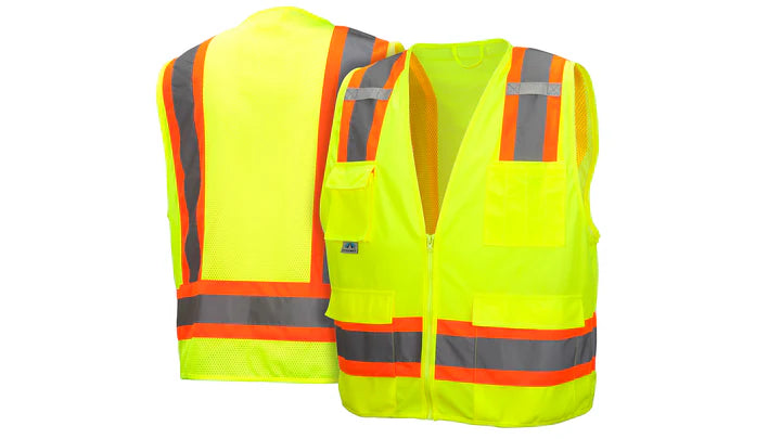 Class 2 Hi-Vis Lime SE Vest, 2" Silver Reflective w/4'' Contrasting Color Trim, 7 Pockets: 4 Outer, 3 Inner