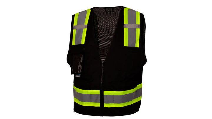 Polyester Front & Mesh Back Safety Vest, 2" Silver Reflective w/Contrasting Color Trim, 6 pockets, Mic Tabs, Zipper Closure