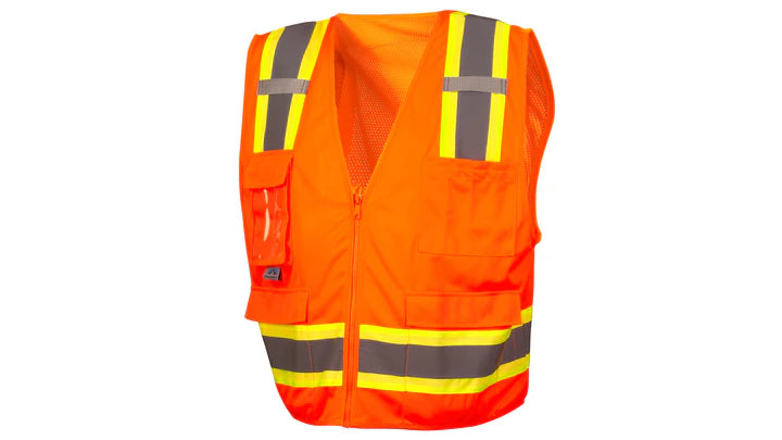 Class 2 Hi-Vis Polyester Front & Mesh Back Safety Vest, 2" Silver Reflective w/Contrasting Color Trim, 6 pockets, Mic Tabs, Zipper Closure