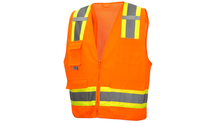 Class 2 Hi-Vis Lime SE Vest, 2" Silver Reflective w/4'' Contrasting Color Trim, 7 Pockets: 4 Outer, 3 Inner