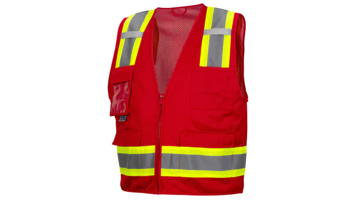 Polyester Front & Mesh Back Safety Vest, 2" Silver Reflective w/Contrasting Color Trim, 6 pockets, Mic Tabs, Zipper Closure