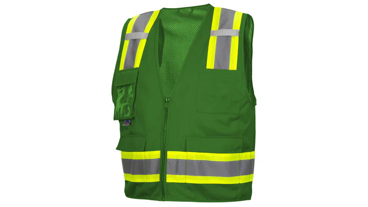 Polyester Front & Mesh Back Safety Vest, 2" Silver Reflective w/Contrasting Color Trim, 6 pockets, Mic Tabs, Zipper Closure