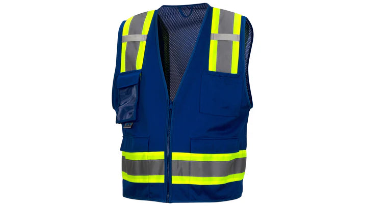 Polyester Front & Mesh Back Safety Vest, 2" Silver Reflective w/Contrasting Color Trim, 6 pockets, Mic Tabs, Zipper Closure