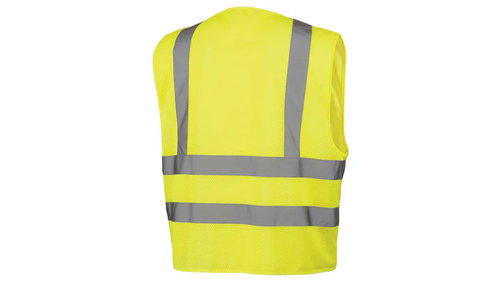 Class 2 Hi-Vis Lime Safety Vest, 2" Silver Reflective, 1 Chest Pocket, 1 Inside Pocket, Zipper Closure