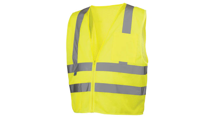 Class 2 Hi-Vis Lime Safety Vest, 2" Silver Reflective, 1 Chest Pocket, 1 Inside Pocket, Zipper Closure