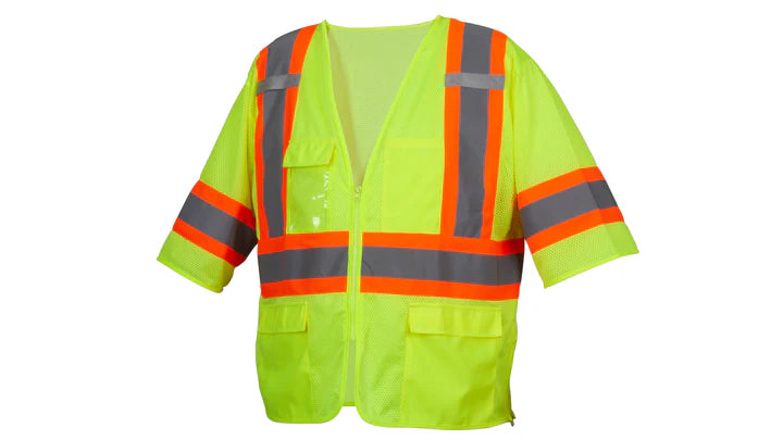 Class 3 Hi-Vis Safety Vest, 2" Silver Reflective w/4" Contrasting Color Trim, Zipper Closure