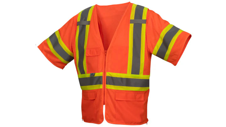 Class 3 Hi-Vis Safety Vest, 2" Silver Reflective w/4" Contrasting Color Trim, Zipper Closure