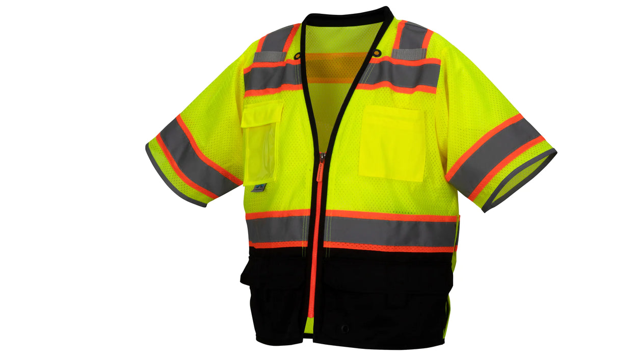 Class 3 Hi-Vis Lime Safety Vest, Padded collar, Contrasting Color Zipper Front Closure