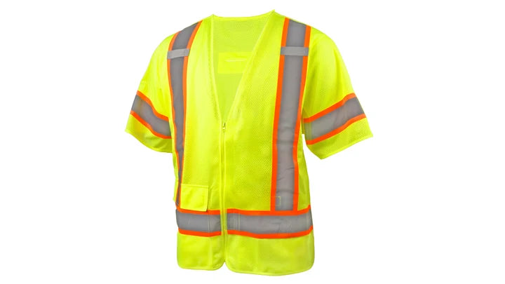 Class 3 Hi-Vis Lime Safety Vest, Adjustable Drawstring Waist, 5-Point Breakaway Hook & Loop Closures, 2" Silver Reflective w/4" Contrasting Color Trim, Zipper
