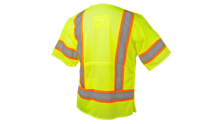 Class 3 Hi-Vis Lime Safety Vest, Adjustable Drawstring Waist, 5-Point Breakaway Hook & Loop Closures, 2" Silver Reflective w/4" Contrasting Color Trim, Zipper