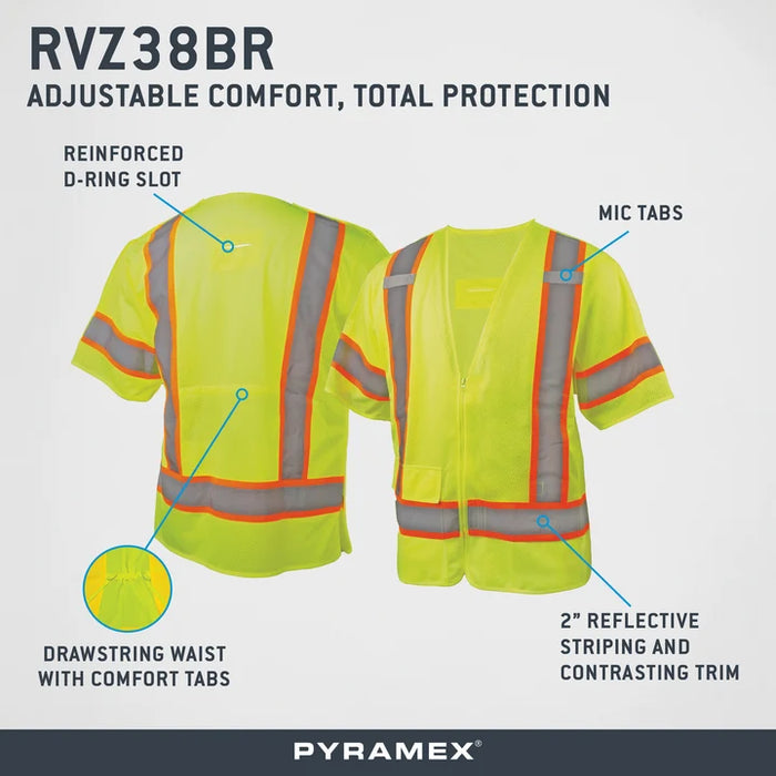 Class 3 Hi-Vis Lime Safety Vest, Adjustable Drawstring Waist, 5-Point Breakaway Hook & Loop Closures, 2" Silver Reflective w/4" Contrasting Color Trim, Zipper