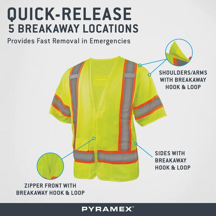 Class 3 Hi-Vis Lime Safety Vest, Adjustable Drawstring Waist, 5-Point Breakaway Hook & Loop Closures, 2" Silver Reflective w/4" Contrasting Color Trim, Zipper