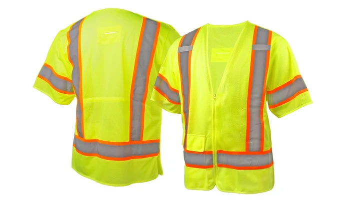 Class 3 Hi-Vis Lime Safety Vest, Adjustable Drawstring Waist, 5-Point Breakaway Hook & Loop Closures, 2" Silver Reflective w/4" Contrasting Color Trim, Zipper