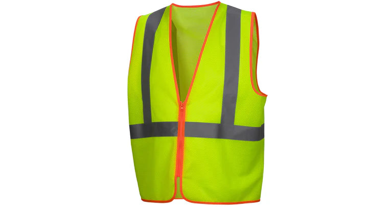 Class 2 Hi-Vis Vest, 2" Silver Reflective w/Contrasting Color Trim, Zipper Closure