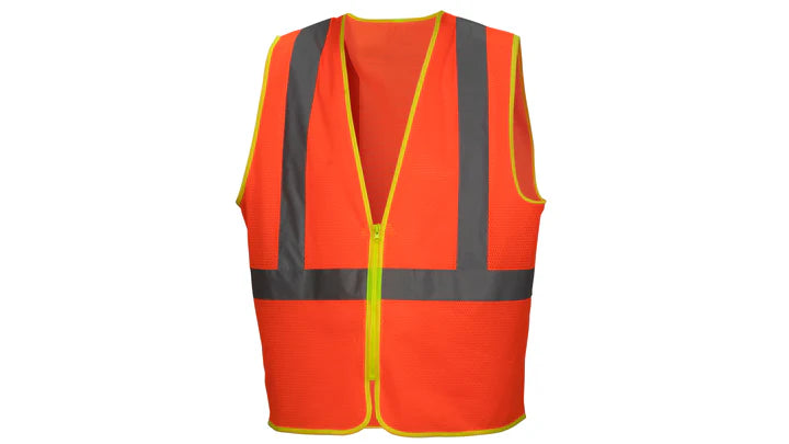 Class 2 Hi-Vis Vest, 2" Silver Reflective w/Contrasting Color Trim, Zipper Closure