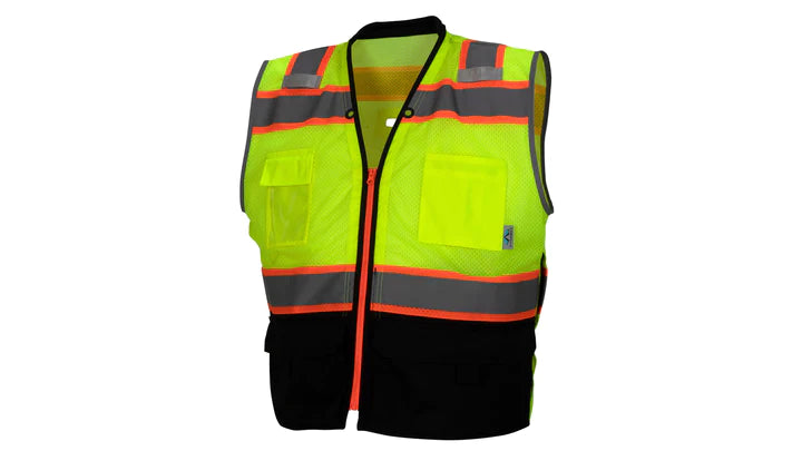Class 2 Hi-Vis Lime Safety Vest, Padded Collar, Contrasting Color Zipper Front Closure