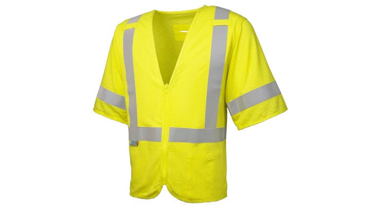 Class 3 Hi-Vis Lime Modacrylic Mesh Vest, 2" FR Silver Reflective, D-Ring Slot, Zipper Front Closure