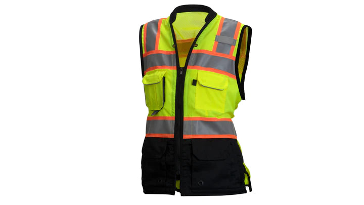 Class 2 Hi-Vis Lime Safety Vest, Women's Fit Cinch Waist For Adjustable, Tailored Sizing, Zipper Closure