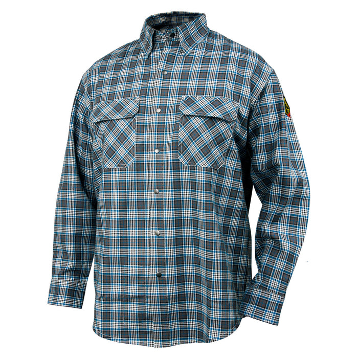 Flame-Resistant Cotton Work Shirt, 7 oz., Chest Pockets w/ Protective Flaps & Snap Closure, Gray Plaid