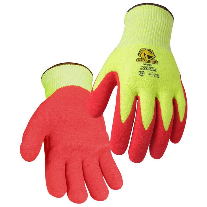 AccuFlex™ 13g HPPE Hi-Vis Lime, Red Sandy Nitrile, ANSI/ISEA 105 Cut Level A6