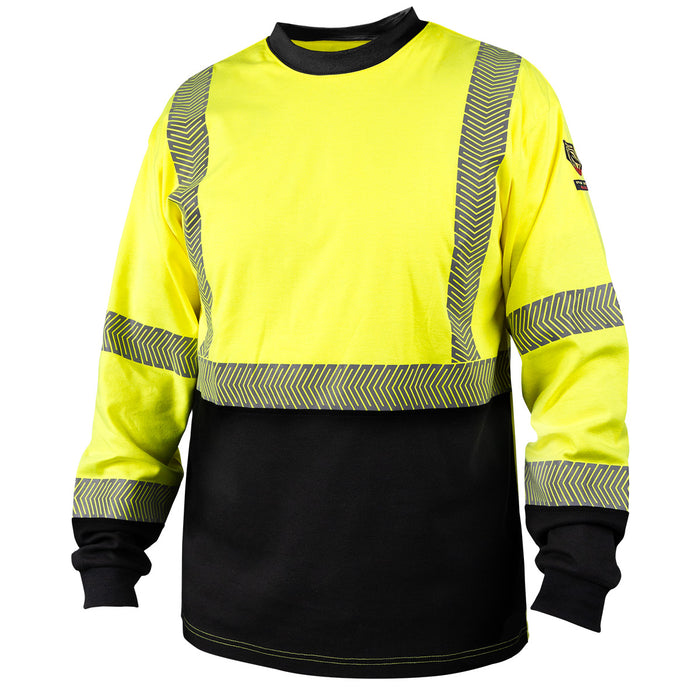 7oz. Hi-Vis Class 3 AR/FR Cotton Knit Long-Sleeve T-Shirt, Segmented FR Heat Transfer Tape, NFPA 70E