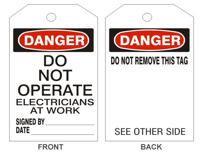 6" x 3" Danger Do Not Operate Electricians Tags- Back Option 1