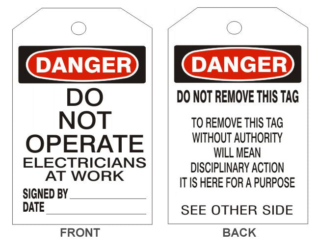 6" x 3" Danger Do Not Operate Electricians Tags- Back Option 2