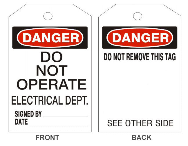6" x 3" Danger Do Not Operate Electrical Dept. Tags- Back Option 1